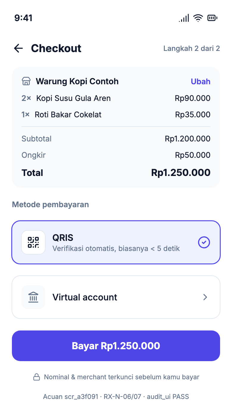 ryux checkout: order summary, transparent fees, QRIS with a verification-time note, Rupiah, screen_id evidence