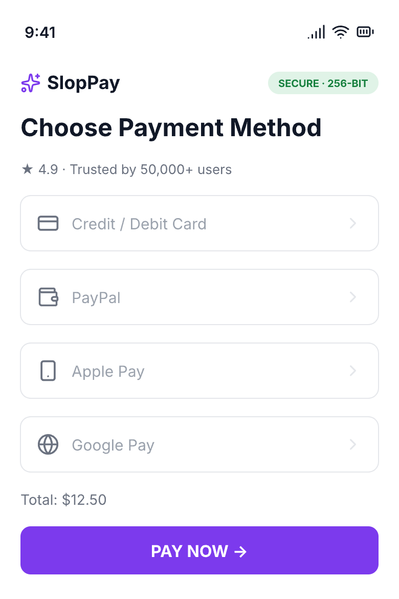 Generic payment screen: sparkle logo, made-up user numbers, global methods, dollar pricing, low-contrast text